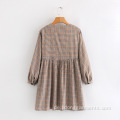 V-Ausschnitt Plaid Casual Cute Student Langarmkleid